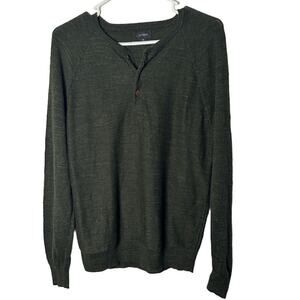 J Crew Men Small Green Rugged Henley Sweater Woven Long Sleeve Lagenlook Slub